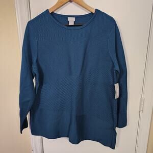 NEW Chicos Asymmetrical Sweater Womens Sx 2 Lg Teal Ribbed Hem Pullover Tunic